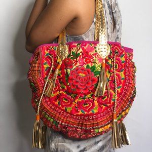 Boho Purse Bag Tassels Shoulder Bag Red Floral Gold Crossbody